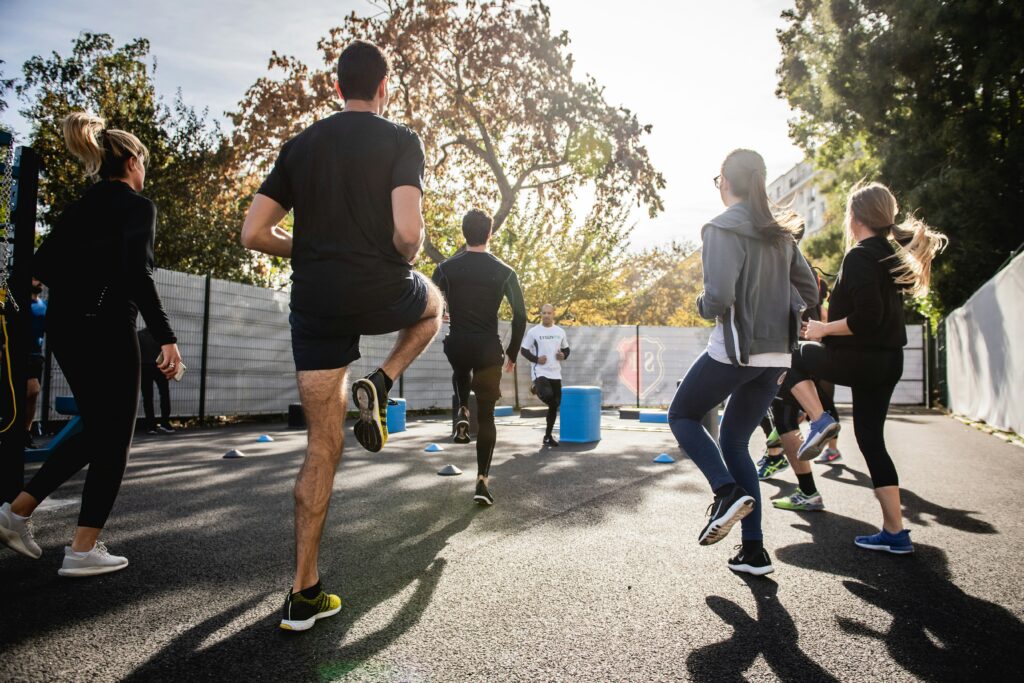people running down street